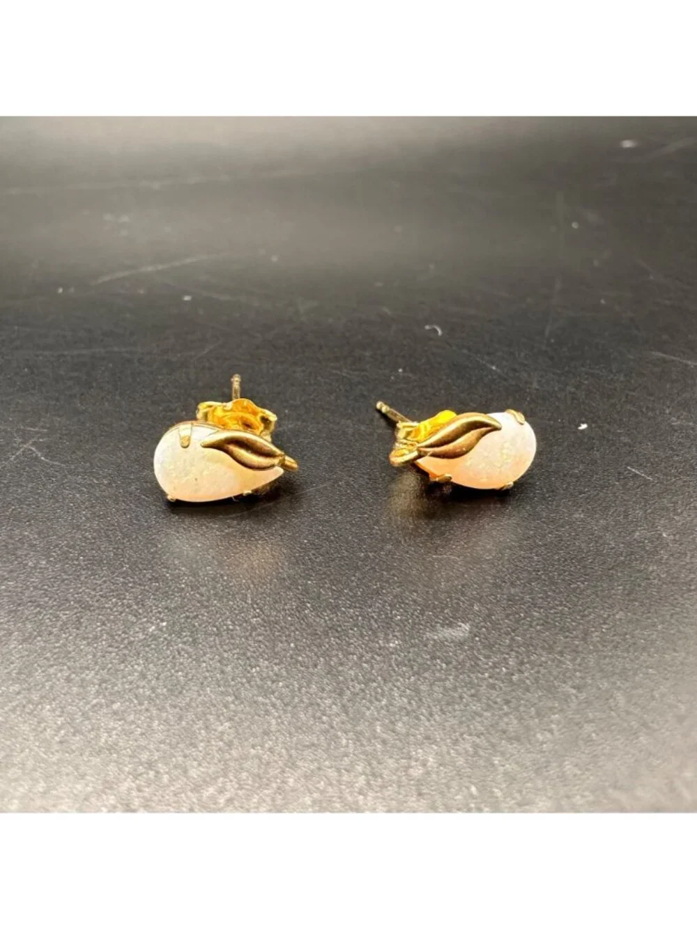 Vintage Opal Earrings Leaf 14K Gold Studs Botanical Pears Post Back Retro